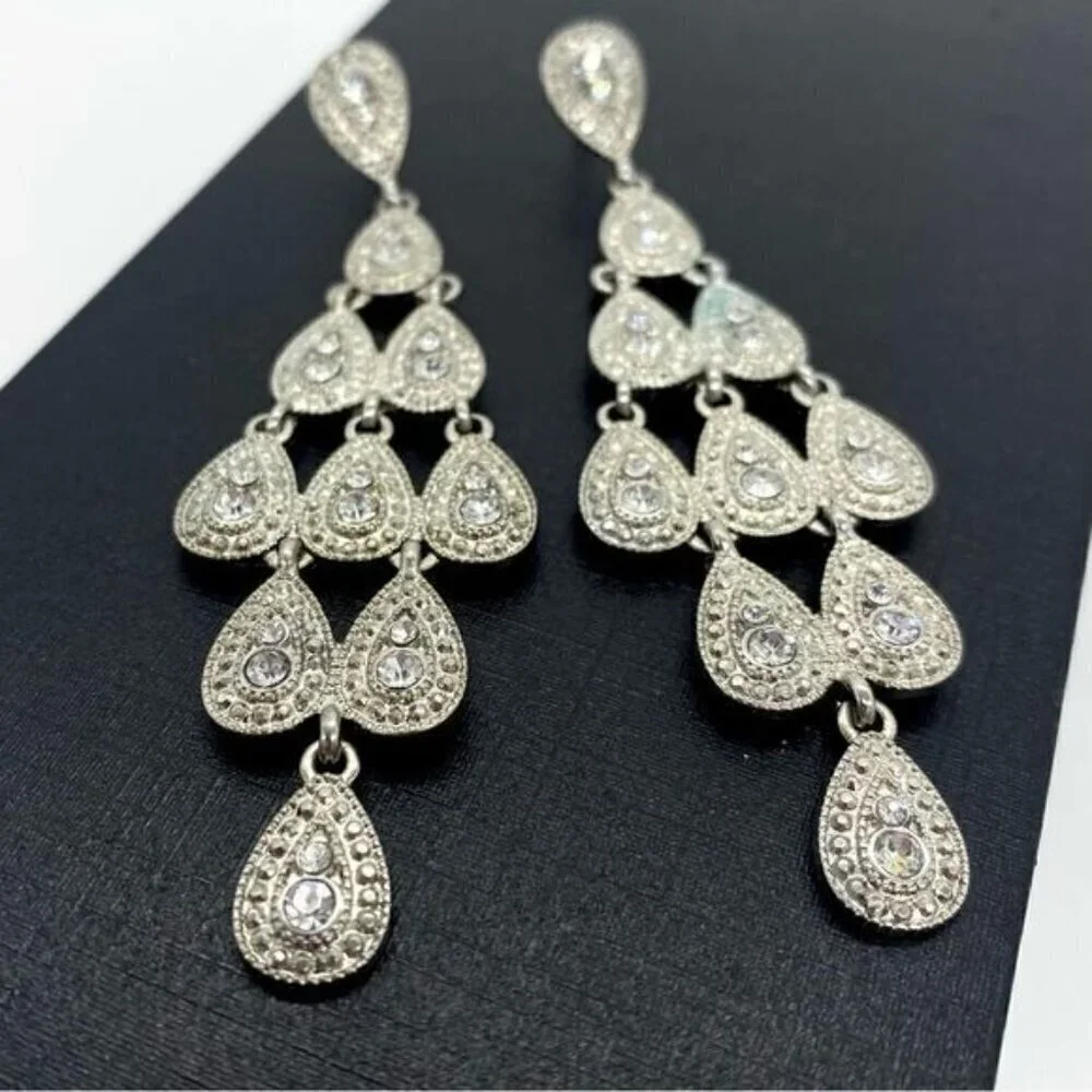 Silver Rhinestone Drop Earrings Formal Bridal Old Hollywood Glam